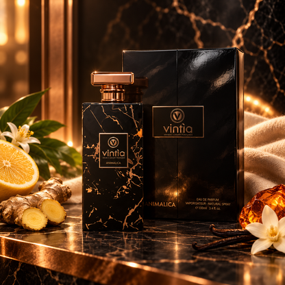 Vintia Animalica 100 ml, ambientazione con agrumi, zenzero e ambra
