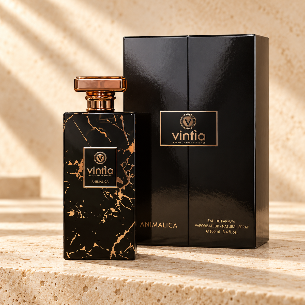 Vintia Animalica 100 ml con confezione, foto studio su travertino