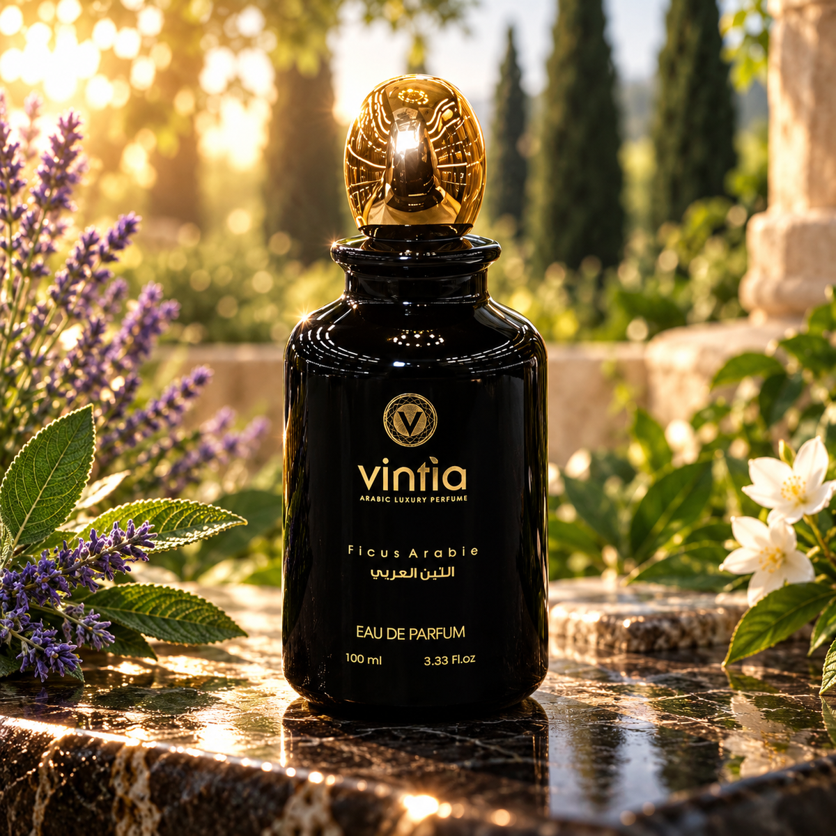 Vintia Ficus Arabie tra foglie verdi, lavanda e gelsomino