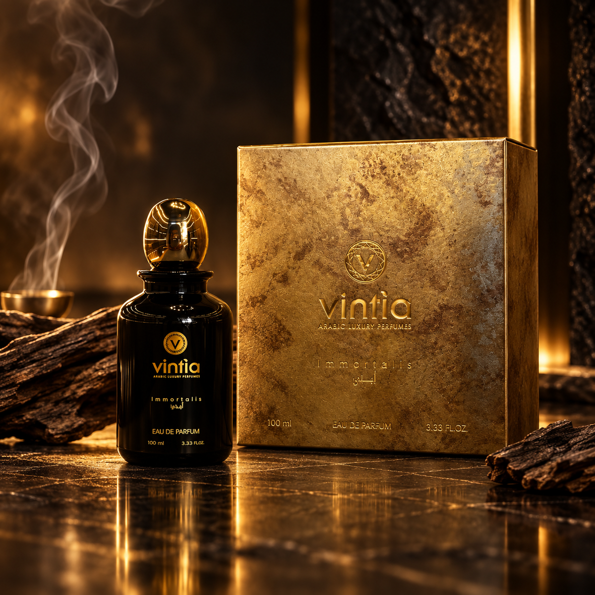 Vintia Immortalis 100 ml, ambientazione editoriale con incenso e legni
