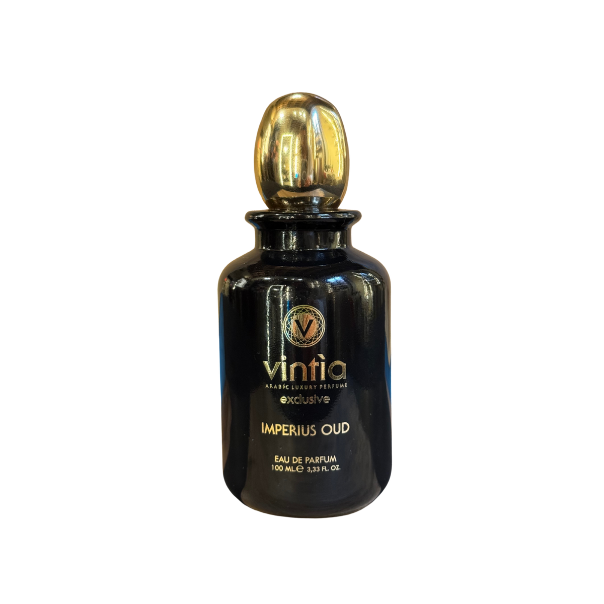 Vintia Imperius Oud 100 ml, dettaglio del flacone nero e oro