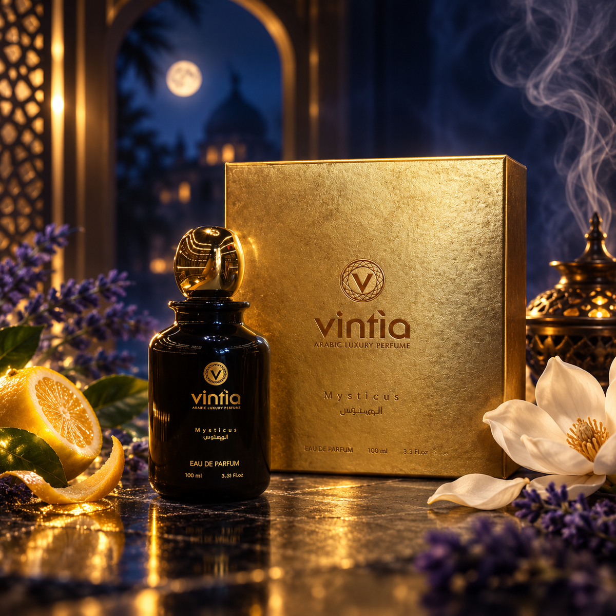 Vintia Mysticus 100 ml, ambientazione con agrumi, lavanda e incenso