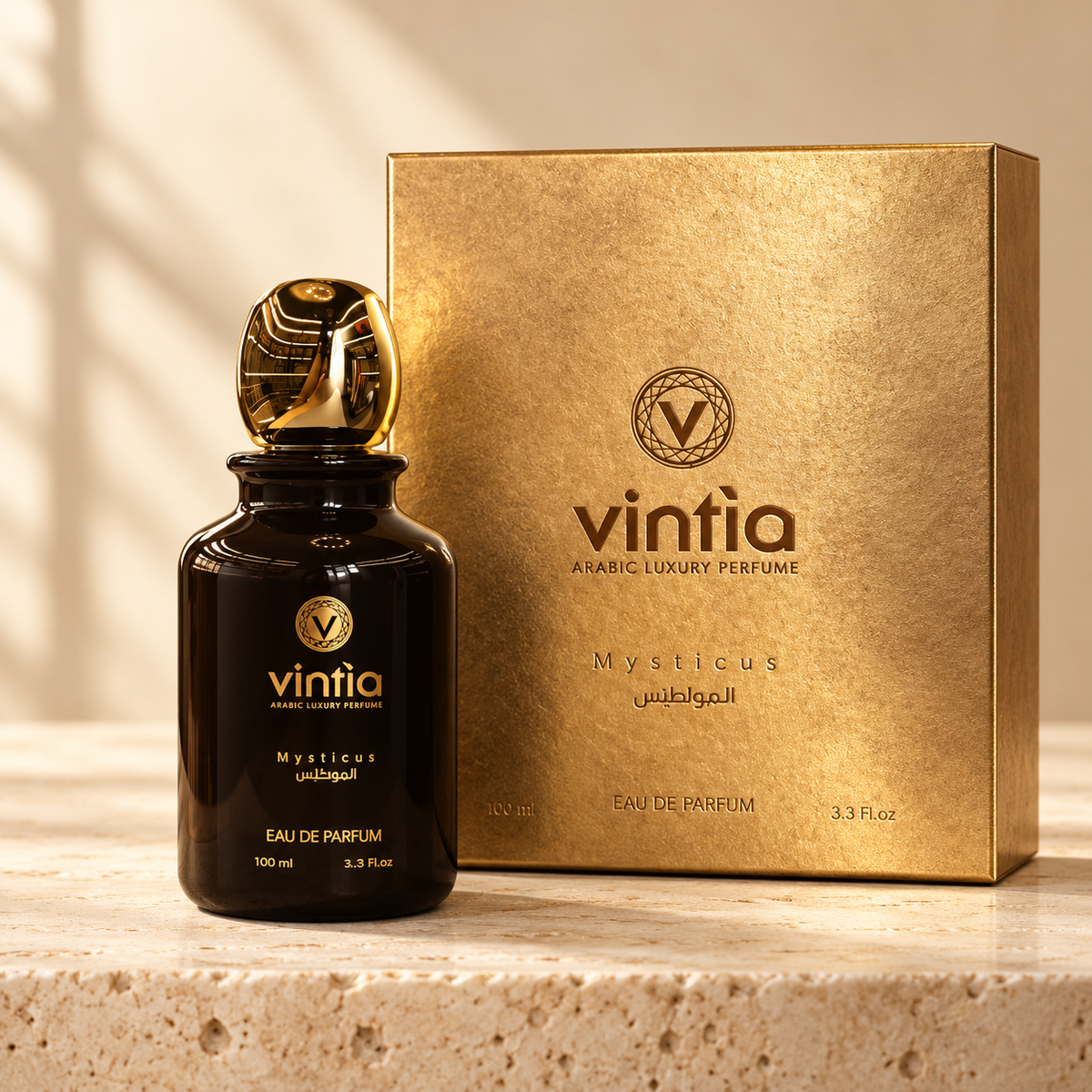 Vintia Mysticus 100 ml con confezione, foto studio su travertino
