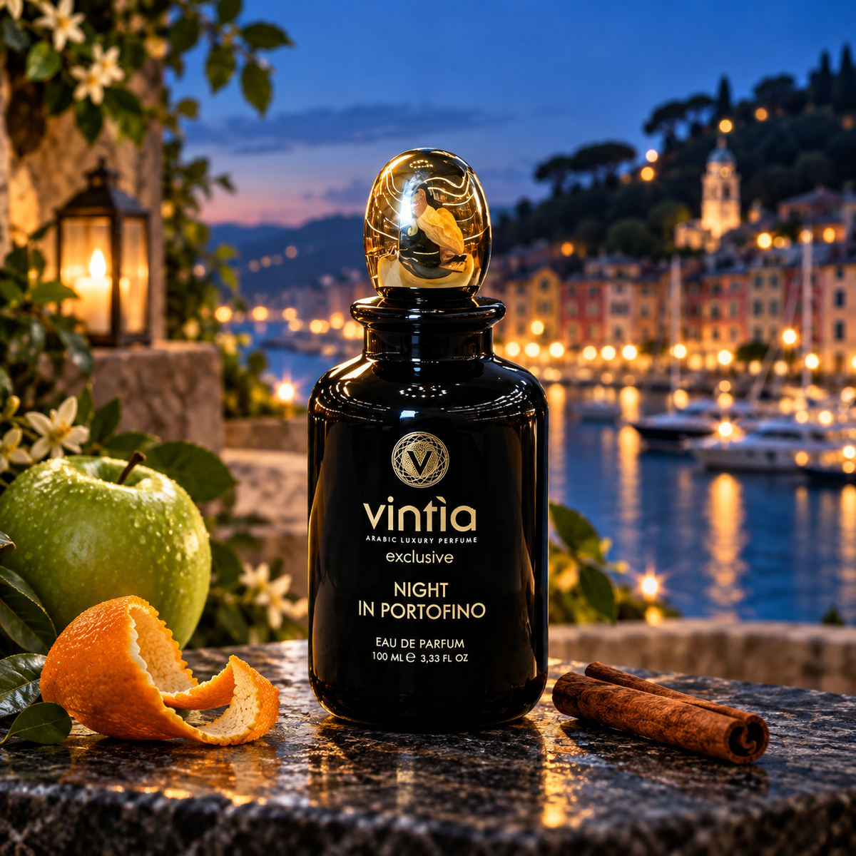 Vintia Night in Portofino tra mela verde e agrumi davanti al porto al tramonto