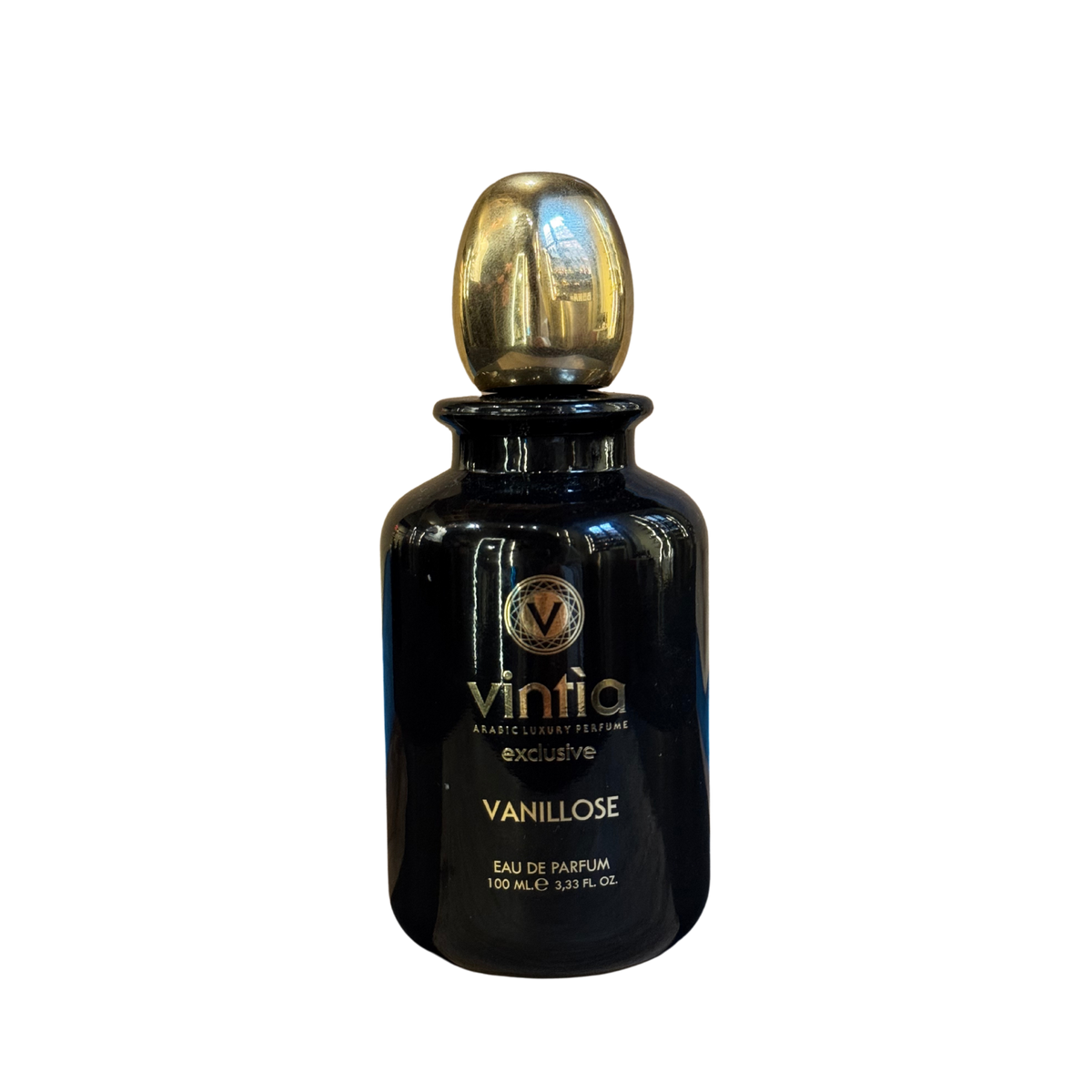 Vintia Vanillose 100 ml, dettaglio del flacone nero e oro