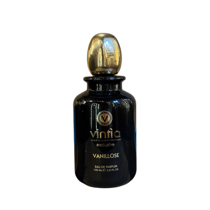 Vintia Vanillose 100 ml, dettaglio del flacone nero e oro